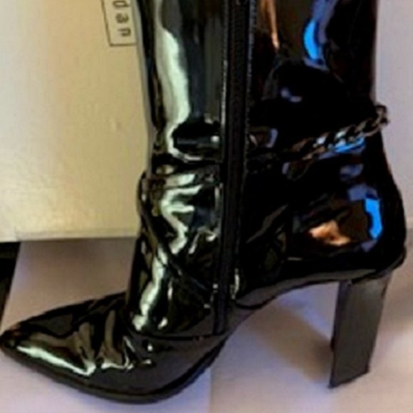 Charles Jourdan Black Leather Lacquer Boots Zip Up Sculpted Heel Sz: 6 1/2 - Picture 3 of 8